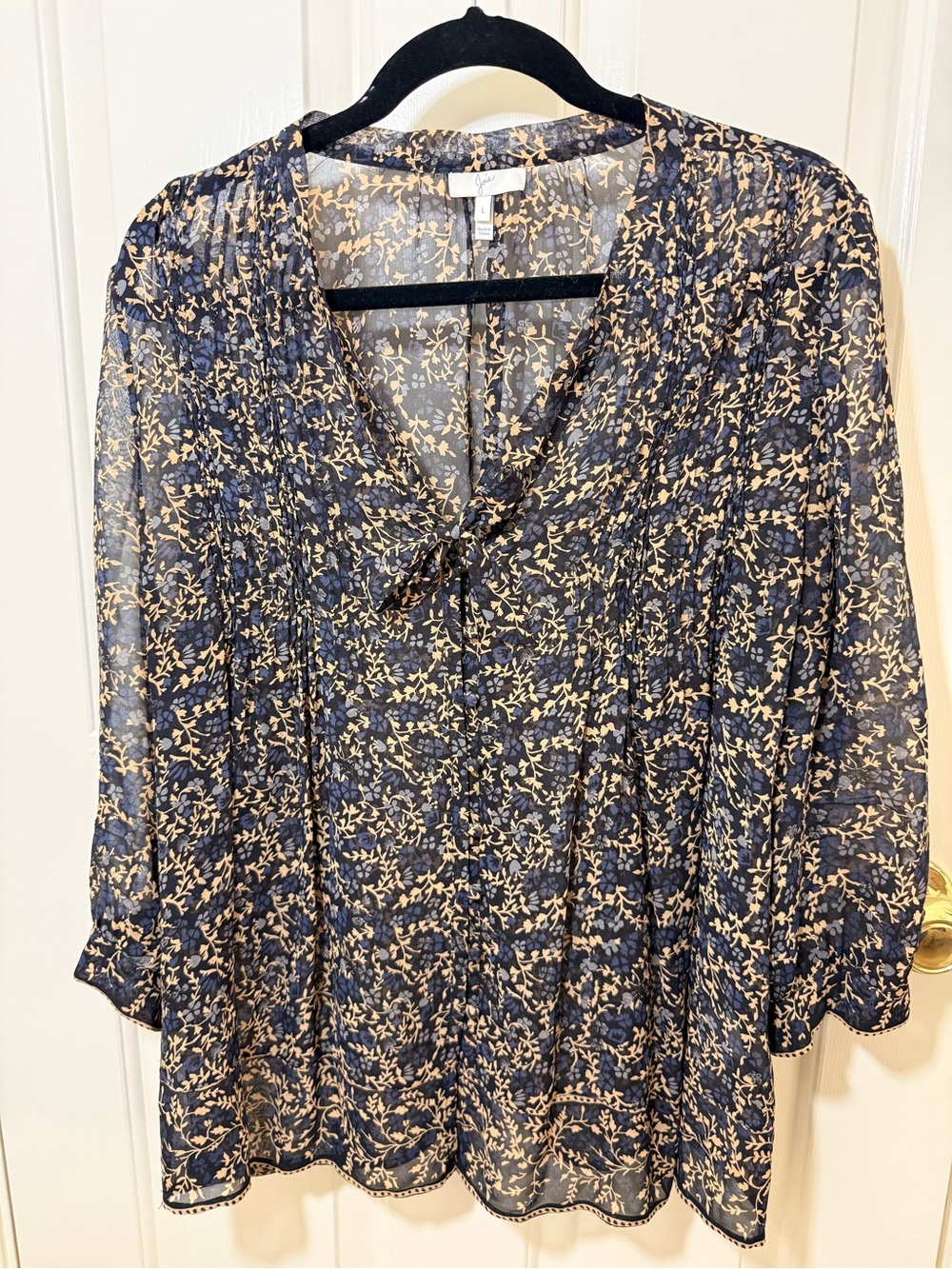 Joie Navy Blouse with Cream Floral Tie